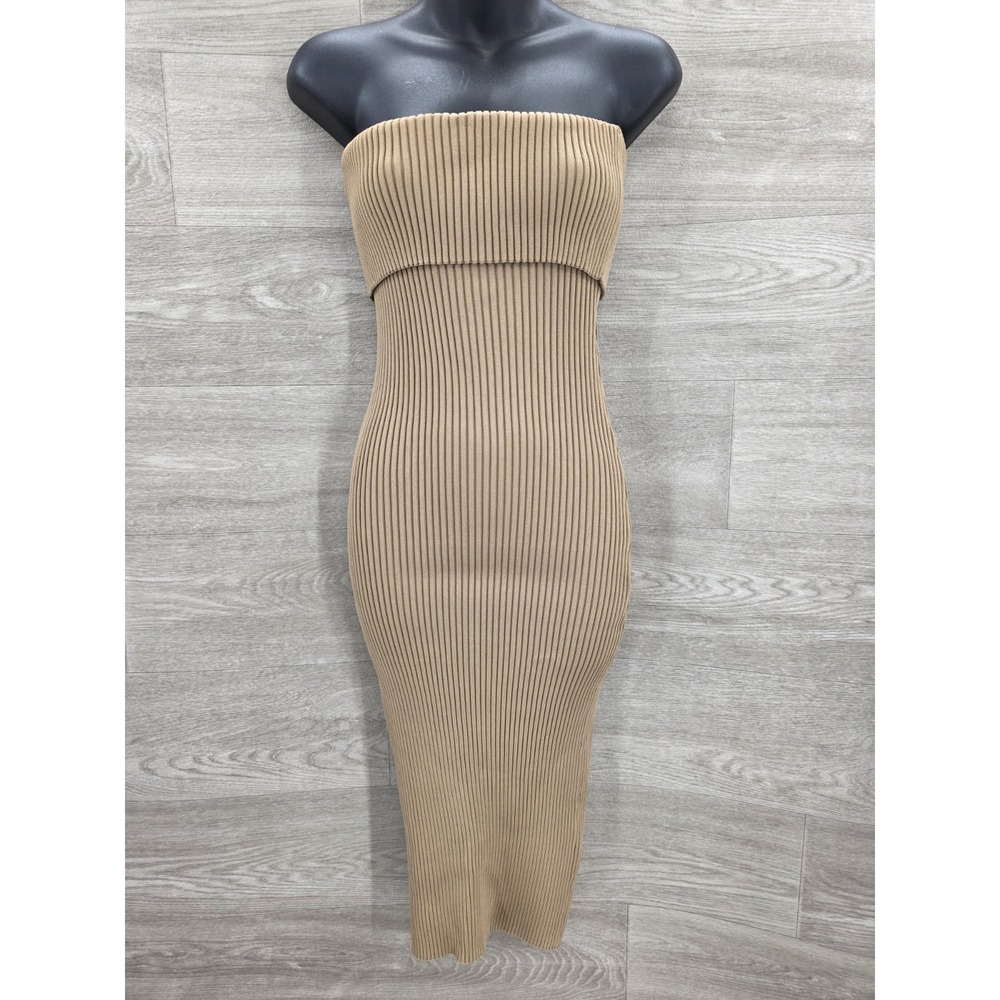 Zara Rib Knit Bandeau‎ Midi Dress Women's Small Brown Strapless Bodycon